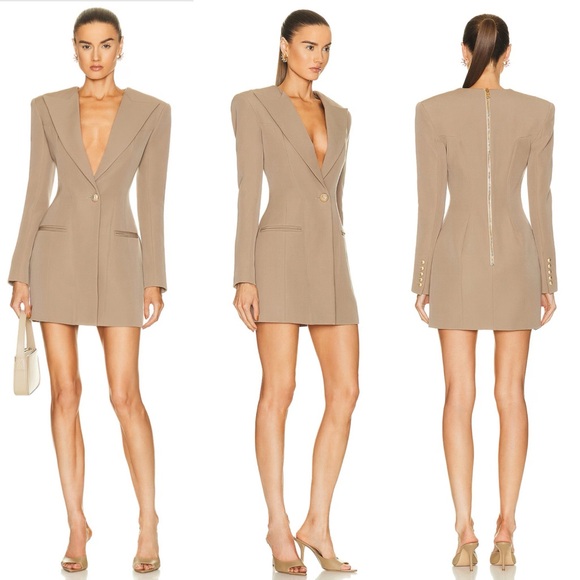 Balmain Grain De Poudre Long Sleeve Tailored Short Blazer Mini Dress in Sable - Picture 1 of 17
